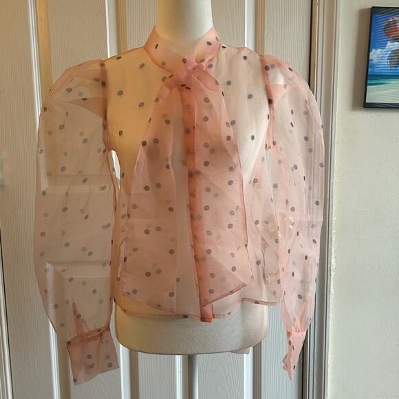 Forever 21 Sheer Pink Puff Sleeve Black Polka Dot Top Blouse Ties at Neck S - Picture 3 of 9